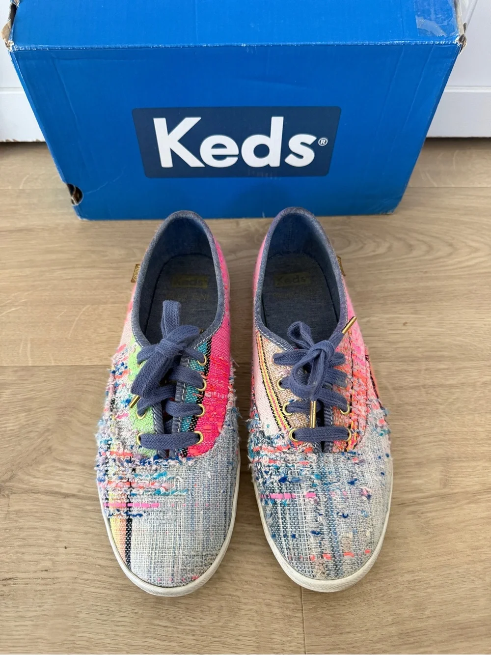 Keds X Malhia Kent Women’s Champion Kikaou Blue Multi Lace-Up Sneakers Sz 7